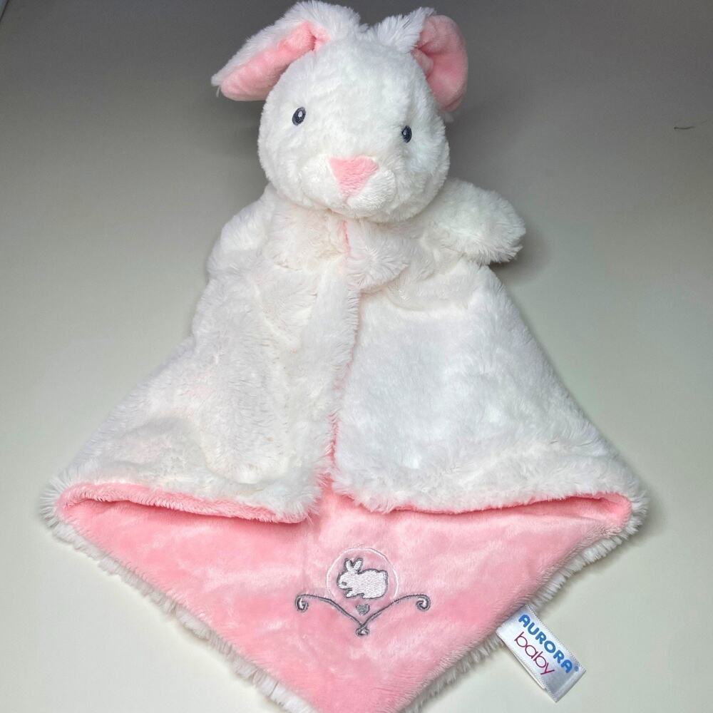 Aurora Baby Bunny Lovey White Cream Pink Plush Baby Blanket Embroidered